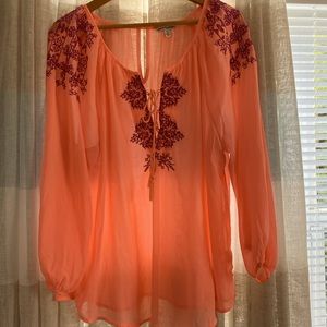 AMERICAN EAGLE OUTFITTERS peach colored sheer top with intricate embroidery XL
